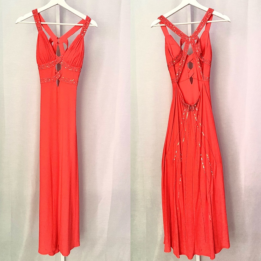 Morgan & Co Embellished Exposed Back Gown in Coral — 1/2